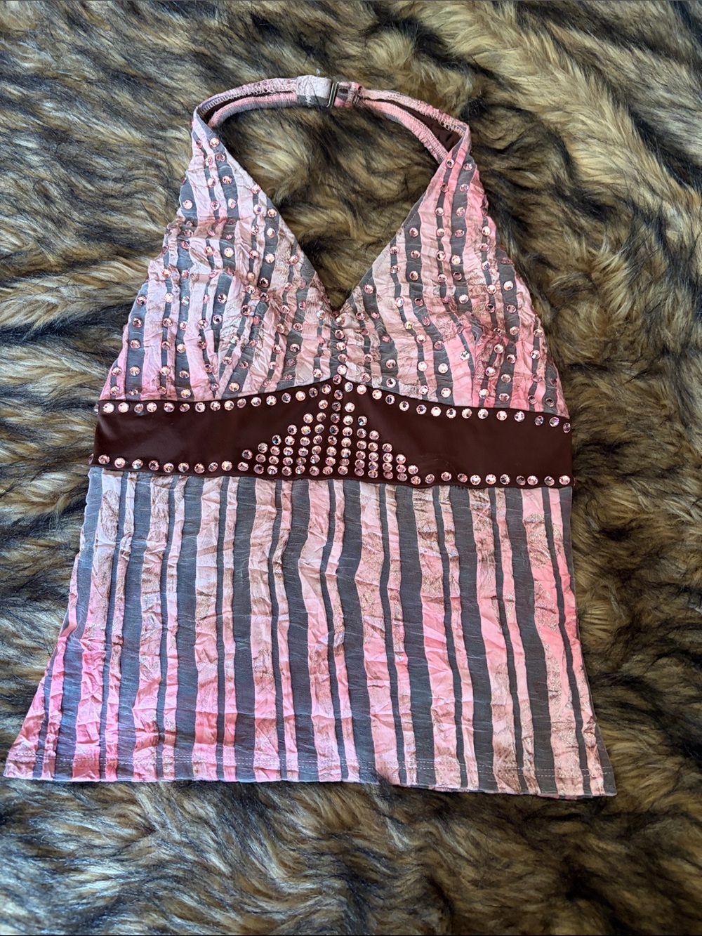 Reverence Studded Pink and Gray Sparkling Halter Dance Top Size MD
